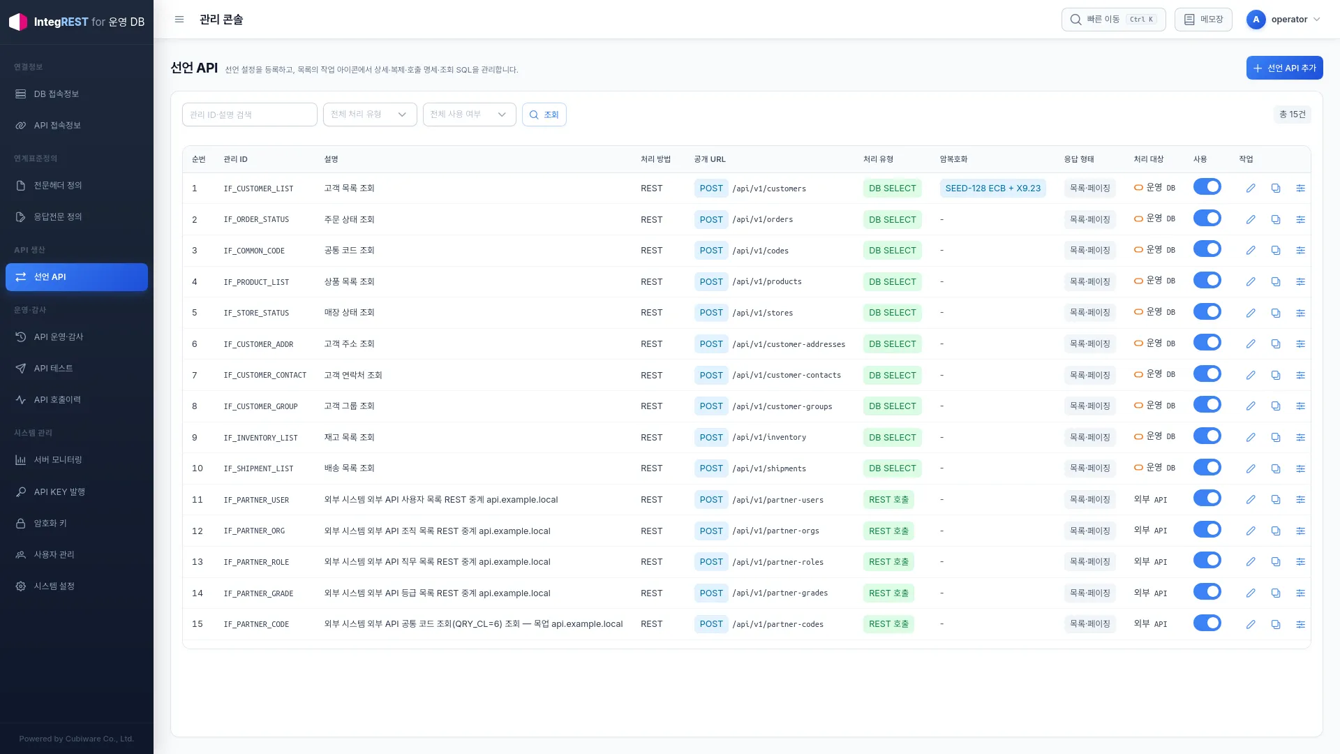 IntegREST declared API management list populated with synthetic demo data