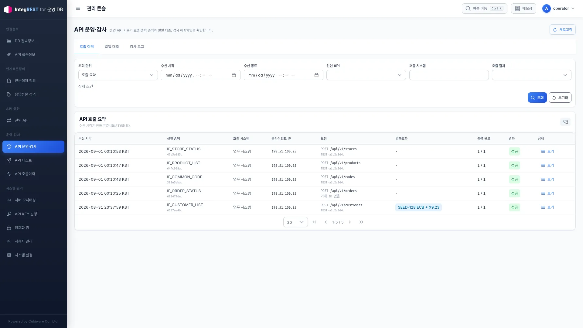 IntegREST API call history populated with synthetic systems and call records