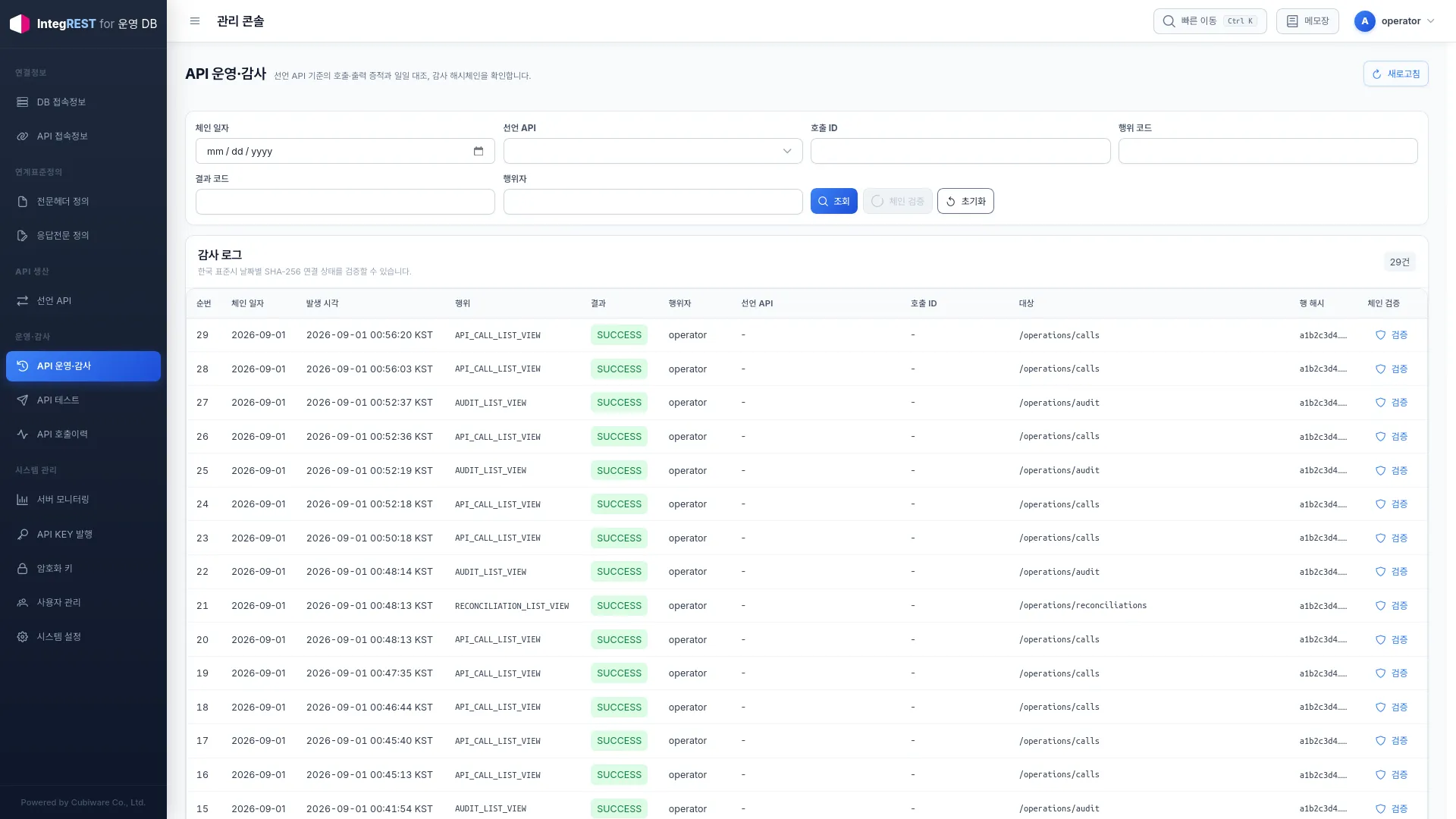IntegREST audit log populated with synthetic users and hashes
