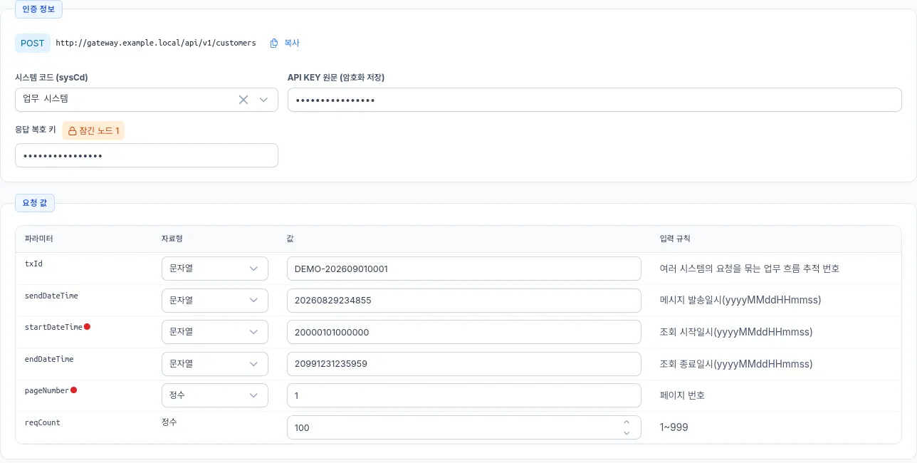 Close-up of IntegREST API testing with masked authentication data and synthetic request parameters